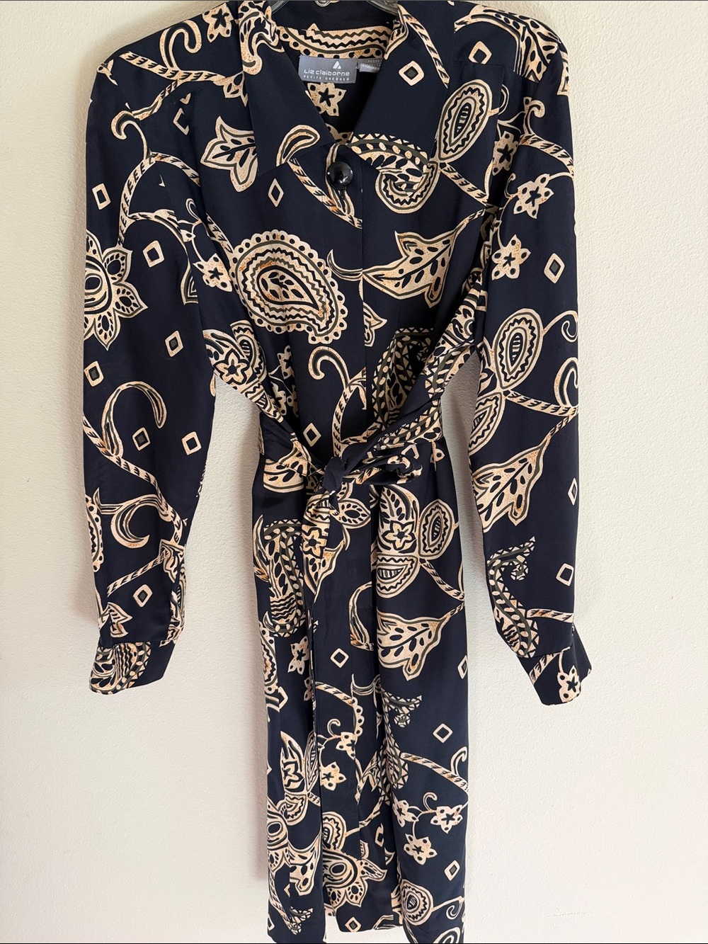 Vintage Liz Claiborne Silk Paisley Dress Black Ivory Belted Shirt Style Dress - Picture 3 of 10